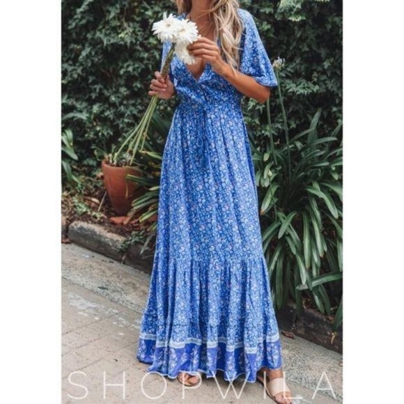 Bohemian Floral Print Long Maxi Dress Blue Gypsy - Picture 3 of 7